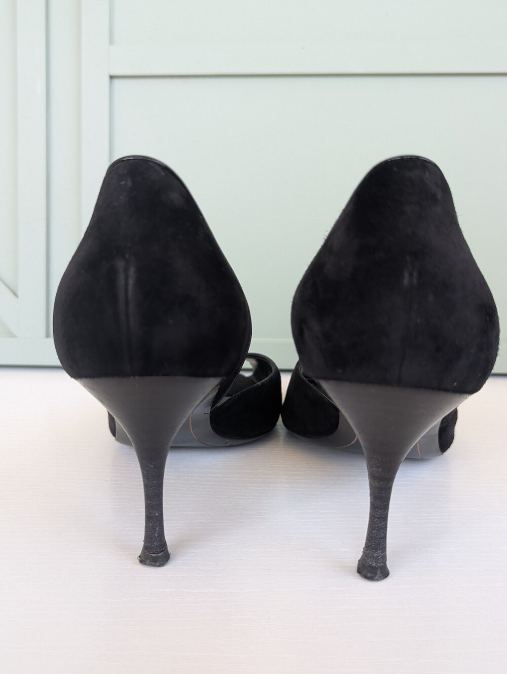 Salvatore Ferragamo Black Suede Peep-Toe Kitten Heels - Picture 3 of 12